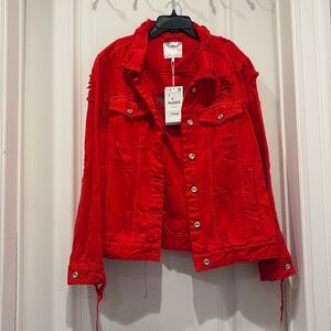 Zara Distressed Red Denim Jacket